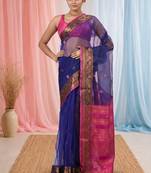 elegant blue and fuchsia resham saree with zari border