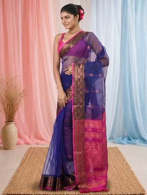 elegant blue and fuchsia resham saree with zari border 2
