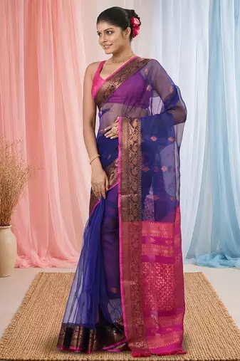 elegant blue and fuchsia resham saree with zari border