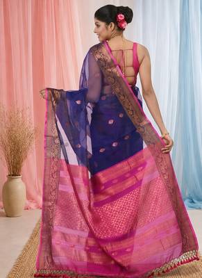 elegant blue and fuchsia resham saree with zari border 3