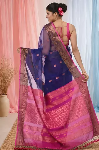 elegant blue and fuchsia resham saree with zari border