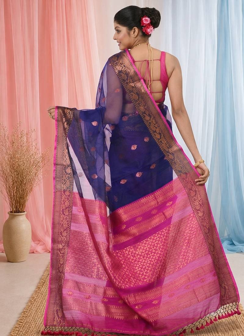 elegant blue and fuchsia resham saree with zari border