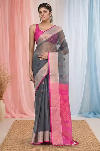elegant grey and pink resham saree with zari border