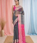 elegant grey and pink resham saree with zari border