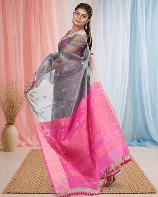 elegant grey and pink resham saree with zari border 2