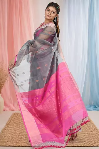 elegant grey and pink resham saree with zari border