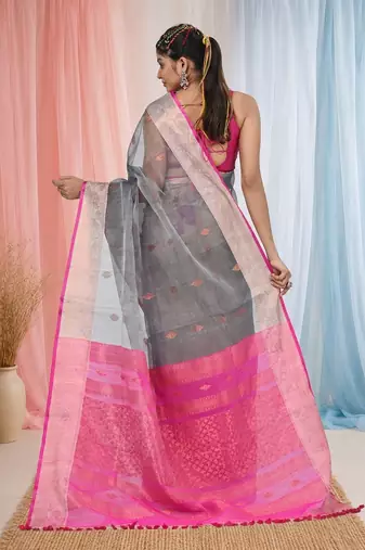 elegant grey and pink resham saree with zari border
