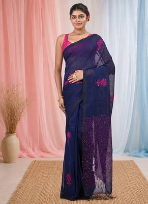 Elegant navy blue linen saree with floral embroidery 1