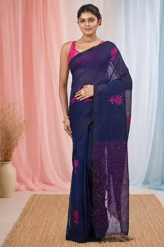Elegant navy blue linen saree with floral embroidery