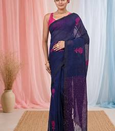 Elegant navy blue linen saree with floral embroidery
