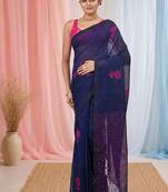 Elegant navy blue linen saree with floral embroidery