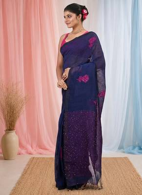 Elegant navy blue linen saree with floral embroidery 2