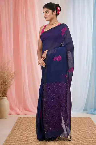 Elegant navy blue linen saree with floral embroidery
