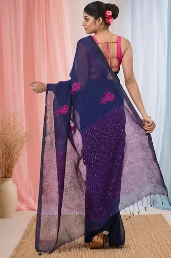 Elegant navy blue linen saree with floral embroidery