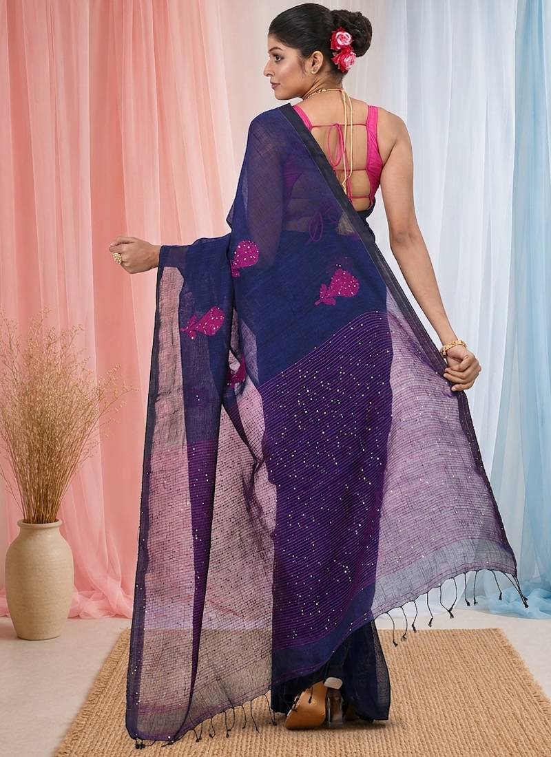 Elegant navy blue linen saree with floral embroidery