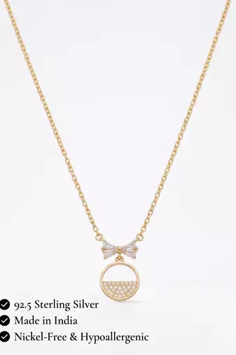 925 Sterling Silver Gold Plated Bow Circle Pendant Necklace Set  for Women