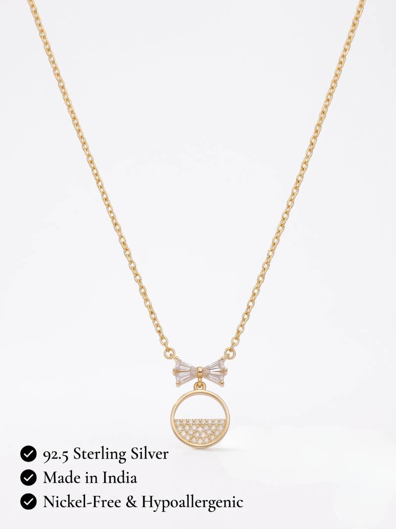 925 Sterling Silver Gold Plated Bow Circle Pendant Necklace Set  for Women