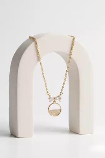 925 Sterling Silver Gold Plated Bow Circle Pendant Necklace Set  for Women