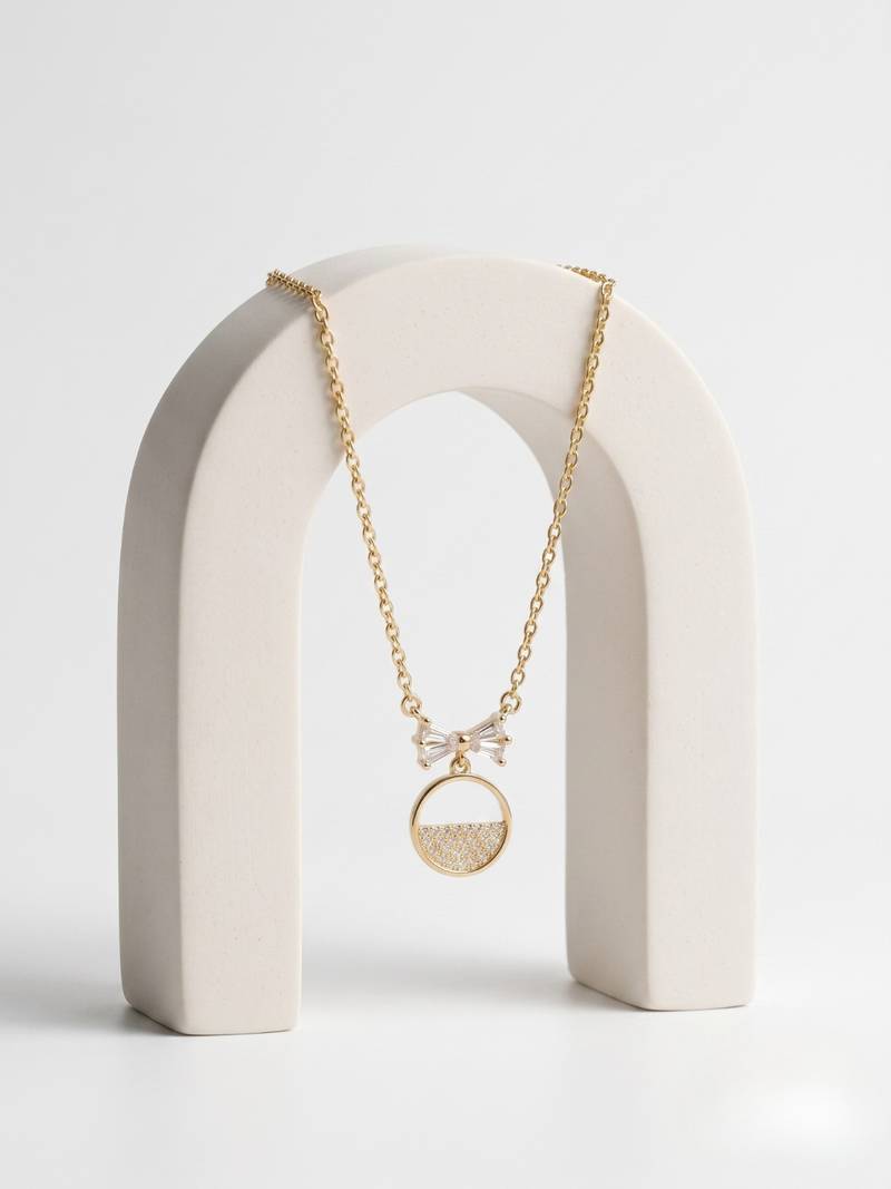 925 Sterling Silver Gold Plated Bow Circle Pendant Necklace Set  for Women