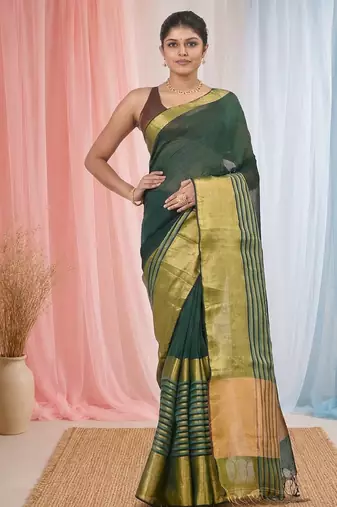 Elegant green and gold linen saree with striped borders