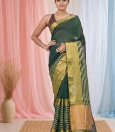 Elegant green and gold linen saree with striped borders
