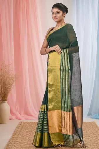 Elegant green and gold linen saree with striped borders