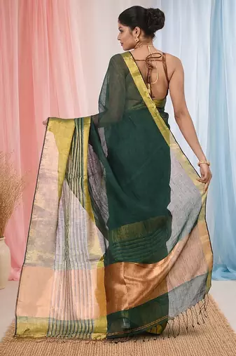 Elegant green and gold linen saree with striped borders