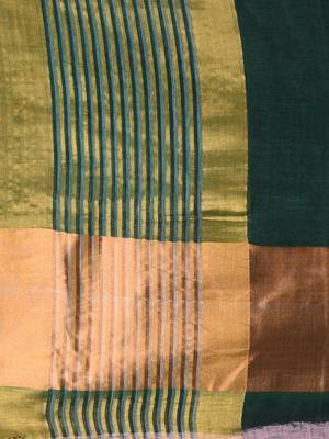 Elegant green and gold linen saree with striped borders 4