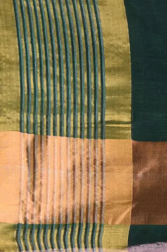 Elegant green and gold linen saree with striped borders