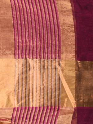 Elegant magenta and gold linen saree with striped borders 4