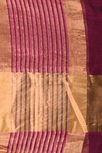 Elegant magenta and gold linen saree with striped borders