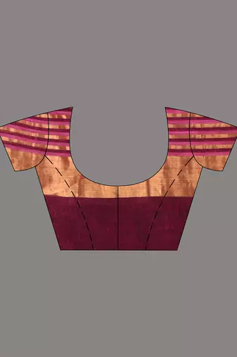 Elegant magenta and gold linen saree with striped borders