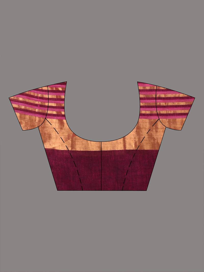 Elegant magenta and gold linen saree with striped borders