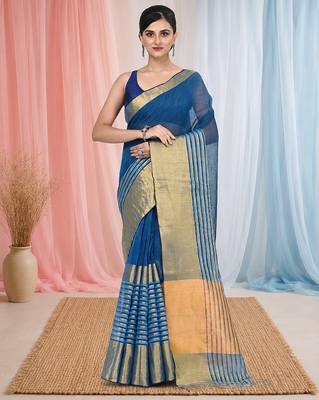Elegant sapphire blue and gold linen saree with striped borders 1