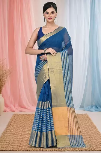 Elegant sapphire blue and gold linen saree with striped borders