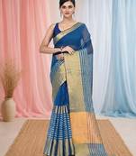 Elegant sapphire blue and gold linen saree with striped borders