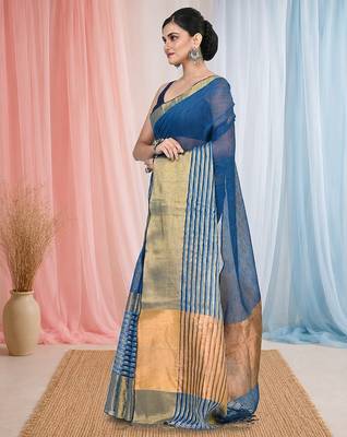 Elegant sapphire blue and gold linen saree with striped borders 2