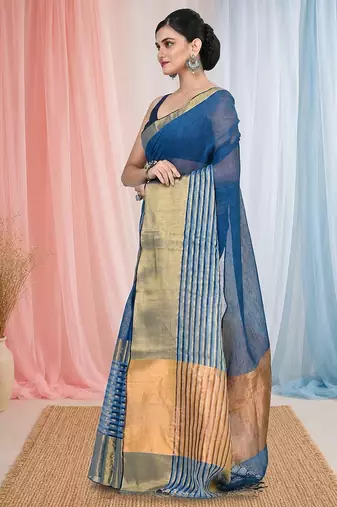 Elegant sapphire blue and gold linen saree with striped borders