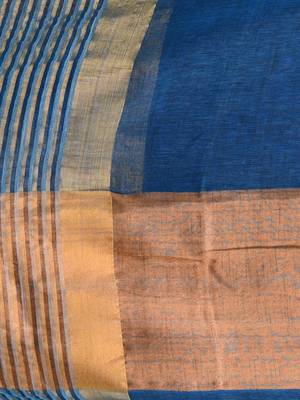 Elegant sapphire blue and gold linen saree with striped borders 4