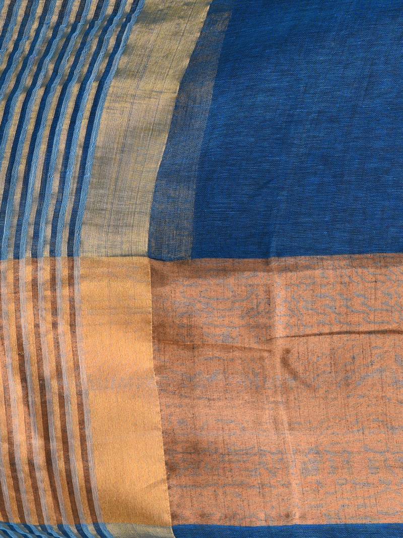 Elegant sapphire blue and gold linen saree with striped borders