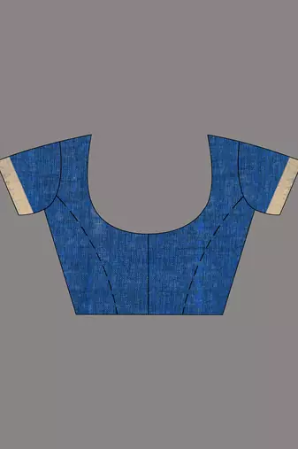 Elegant sapphire blue and gold linen saree with striped borders