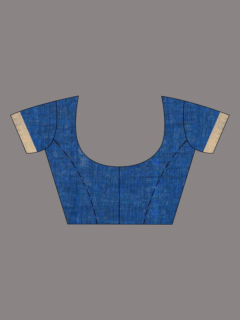 Elegant sapphire blue and gold linen saree with striped borders