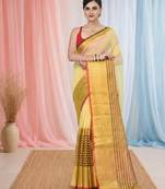 Elegant yellow and gold linen saree with striped borders