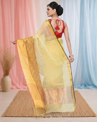 Elegant yellow and gold linen saree with striped borders 3