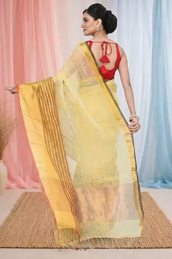 Elegant yellow and gold linen saree with striped borders