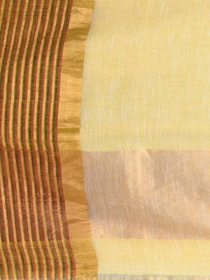 Elegant yellow and gold linen saree with striped borders 4