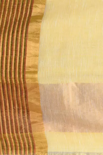 Elegant yellow and gold linen saree with striped borders