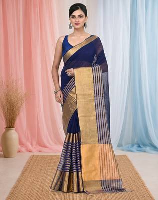 Elegant blue and gold linen saree with striped borders 1