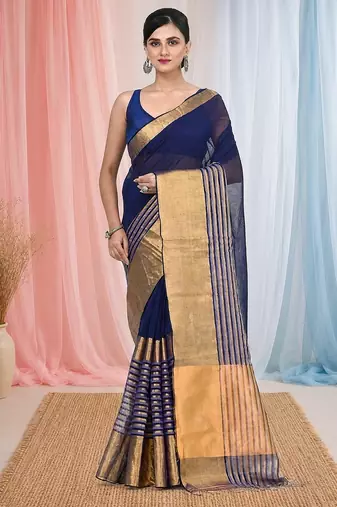Elegant blue and gold linen saree with striped borders