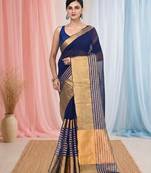 Elegant blue and gold linen saree with striped borders